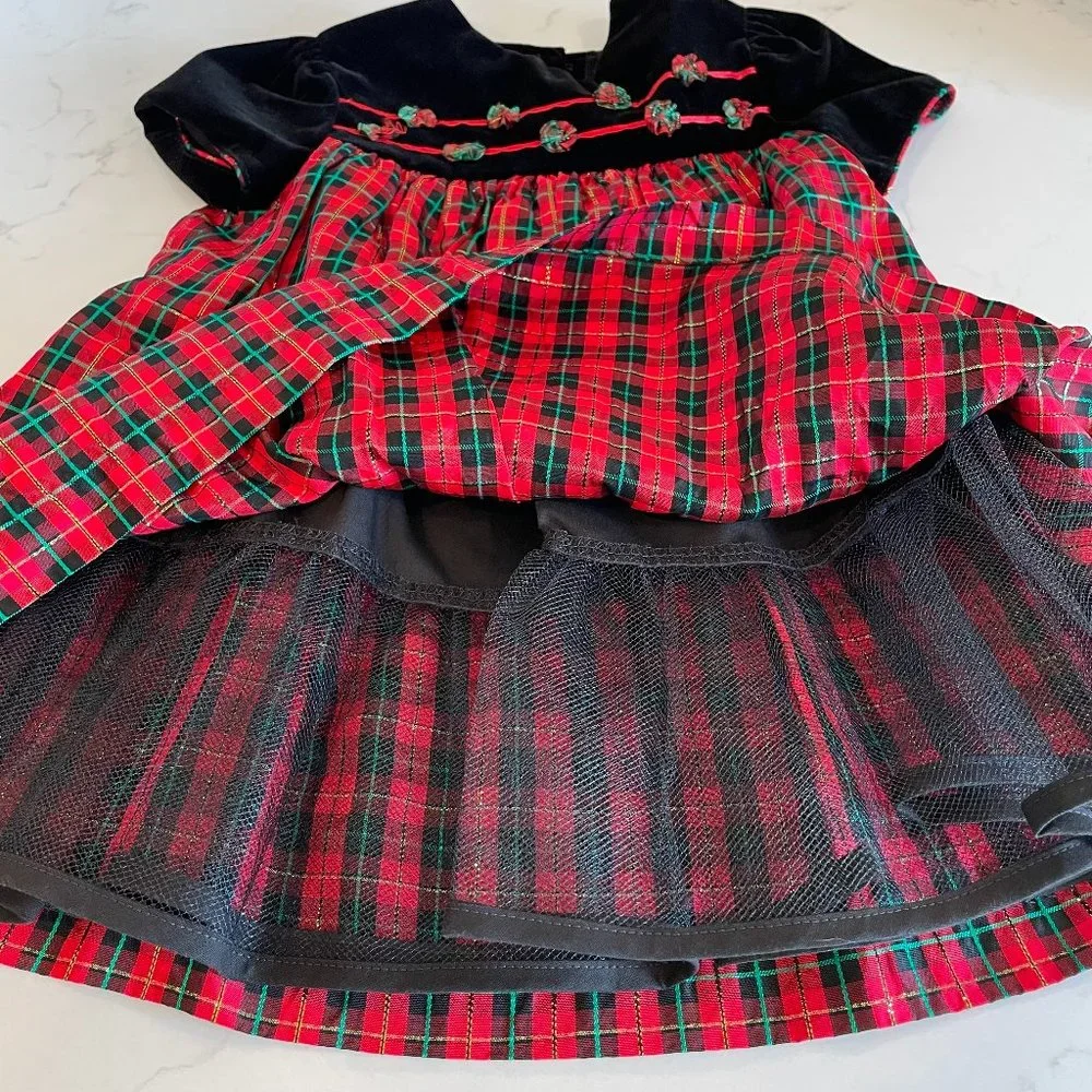 BONNIE JEAN Girls Toddler 3T Black Velvet Red Green Tartan Plaid Holiday Dress